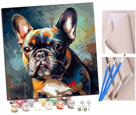 SENDJJ Malen nach Zahlen Kits Erwachsene und Kinder Französische Bulldogge bunt bemalt (1) DIY Ölgemälde Digitale Leinwand Wandkunst Home Decoration - 40x40CM