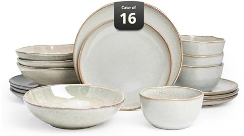 Home VSS Highland Service de table 16 pièces pour 4 personnes, double bol, assiettes et bols en grès résistant aux rayures, passe au micro-ondes et au lave-vaisselle, vernis naturel réactif, gris
