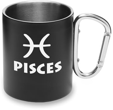 Tazza con moschettone in metallo con segno zodiacale dei Pesci, tazza da campeggio