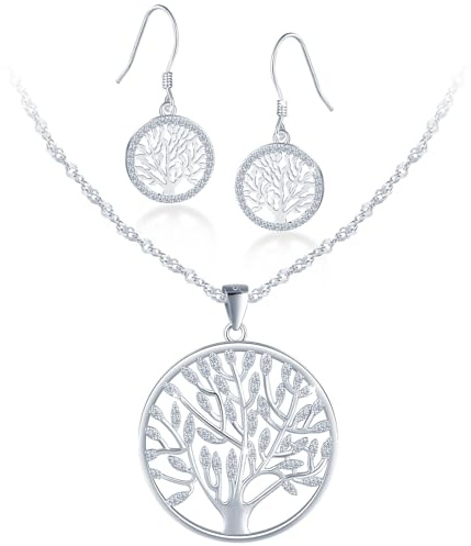MICMIF Pendientes y Collar de Árbol de la vida para Mujer, Plata de Ley 925 Conjuntos de Joyas Árbol, Hojas con Circonitas Blancas, Pendientes Colgantes de Árbol + Colgante con Cadena 45cm