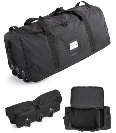 BAGSMART Bolsa de viaje plegable con ruedas, 80 L, ligera, bolsa de deporte con 3 ruedas, bolsa de viaje grande para hombre y mujer, se puede enrollar y almacenar, Negro