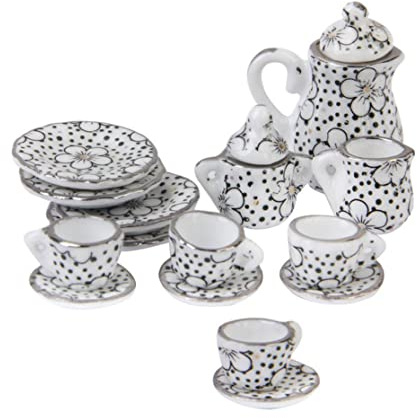 Tsawntd Accessoires pour Maison de poupées, Ensemble de Tasses Miniatures en Porcelaine 1:12, Motif Fleurs thé pour Enfants, noël, 15 pièces
