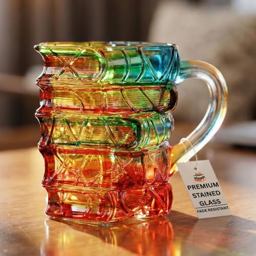 Stained Glass Book Mug – 3D Stacked Books Coffee Mug Gift for Book Lovers – Solid Colored Glass Cup (Not Painted) – Vintage Library Aesthetic Tea Cup for Readers, Writers, and Librarians – 7oz