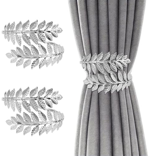 2 Stück Vorhang Raffhalter, Verstellbare Raffhalter für Vorhänge | Silber Blätter Gardinenraffer, Vorhang Halter Metall Gardinenhalter, Legierung Gardinen Raffhalter für Zuhause, Büro, Hotel