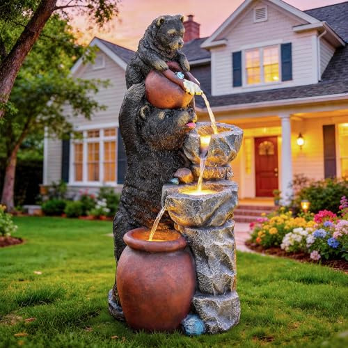 Ultym 37.5 Playful Bear Family Outdoor Fountain, Multi-Tier Water Feature with LED Lights, Resin Stone Vessel Soothing Cascading Waterfall for Patio, Backyard, Garden or Porch
