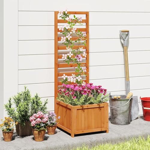 GOPLUS Jardinera con Enrejado, Jardinera de Madera de Cedro con Celosía Vertical, Orificio de Drenaje y Caja Profunda, Cama Elevada para Exterior para Trepadoras, Flores y Plantas Verdes (Naranja)