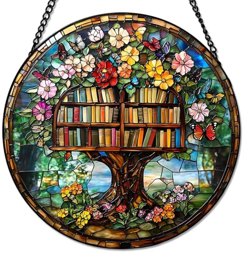Flower Tree Book Suncatcher, Acrylic Window Hanging Ornament with Chain, Rainbow Light Catching Decor for Living Room & Bookshelf, Thoughtful Gift for Book Lovers
