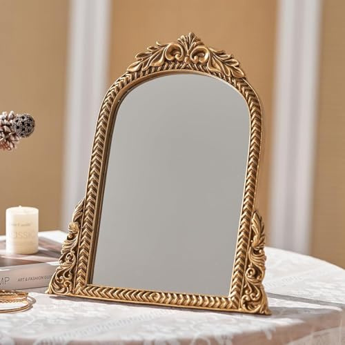 HuiDao Vintage-Make-up-Spiegel, antiker traditioneller schicker Bogen-Tischspiegel, goldfarben, Dekor, Holzrahmen, klein, stehend, geschnitzt, Arendahl, für Wohnzimmer, Schlafzimmer, Tisch