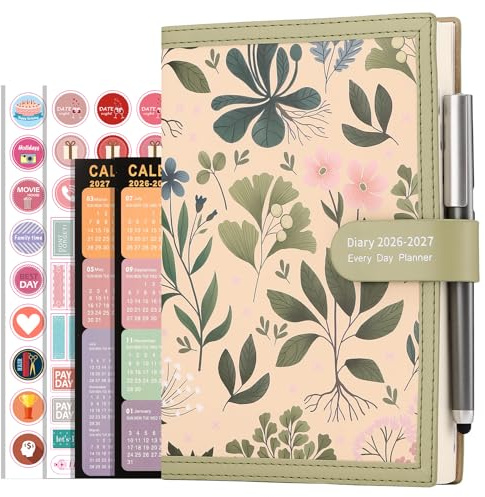 Mljtoyo Agenda scolaire journalier 2026-2027 de juillet 2026 à juin 2027, format A5 avec stylo, autocollants, poche arrière, 3 marque-pages (vert matcha, A5)