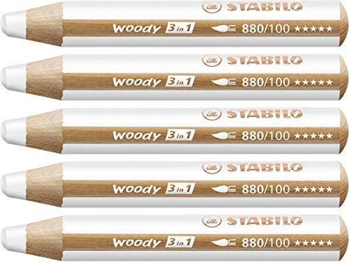 STABILO - Buntstift, Wasserfarbe & Wachsmalkreide - woody 3 in 1-5er Pack - weiß