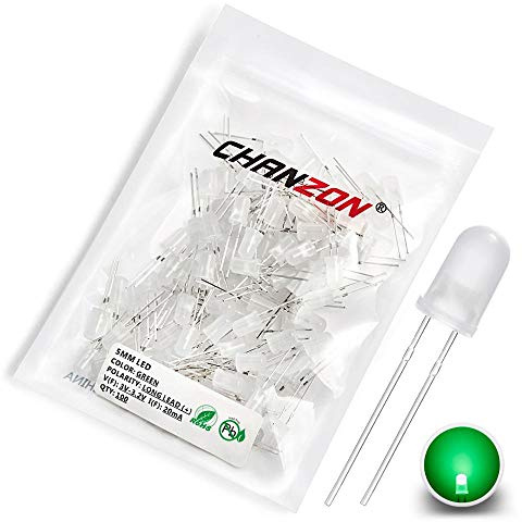 CHANZON 100 Piezas luces de diodo LED verde difuso de 5mm (lente esmerilada redonda CC 3V 20mA) Bombilla de iluminación Lámparas Componentes electrónicos Diodos emisores de luz indicadora