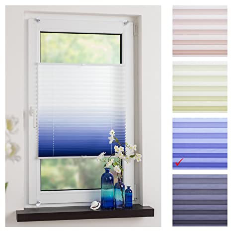 Liedeco® Klemmfix Plissee Farbverlauf verspannt mit Klemmträger/Breite x Höhe: 75 x 130 cm/Farbe: Blau/Plissee farbig/lichtdurchlässig verstellbar/Innen-Montage ohne Bohren / 123 montiert