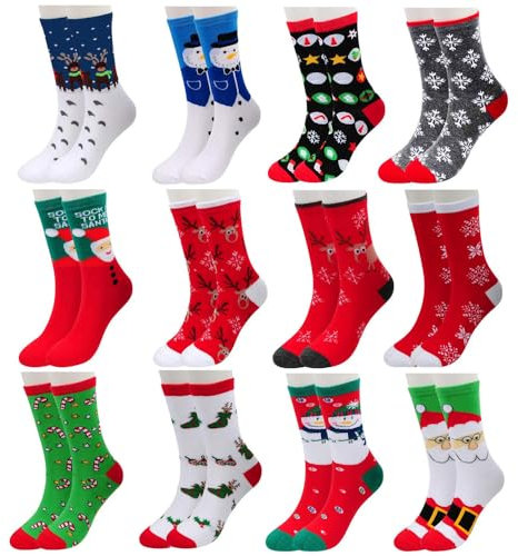 Vertvie Unisex 12 Paire Chaussettes Noël en Coton Imprimé Motif Fantaisie Socquettes Socks Respirant Doux Hiver (Taille Unique, 12 Couleurs Mixtes F)