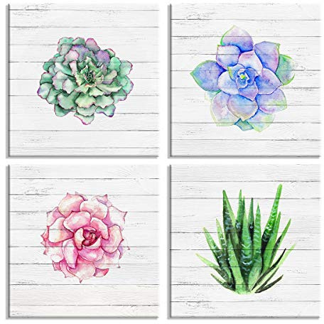 Leinwandbild Set 6617 Sukkulenten Pflanzen Aquarell 4-teilig 30x30 cm Wanddeko Boho Natur Vintage Kunst Druck modern