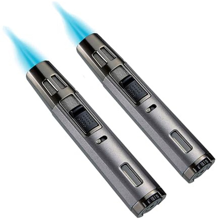 2PACK Windproof Long Lighter Refillable Inflatable Butane Jet Flame Lighter Adjustable Flame Torch Lighter For Grill (Without Gas) (Gray)