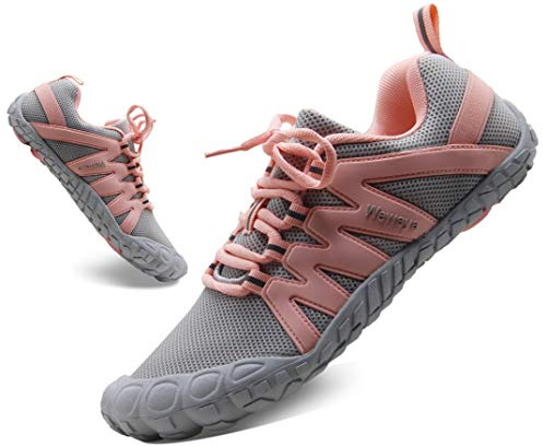 Weweya Women's Minimalist Barefoot Trail Running Shoes Runner Outdoor Beach Yoga Rowing Cycling Shoes Cross Training HIIT Work Out Gray Pink US Size 8 8.5
