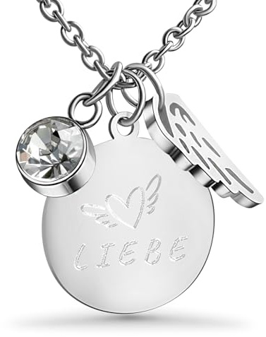 Hanessa Personalisierte Kette mit Gravur Edelstahl 50 cm mit Anhänger Flügel mit Strass-Stein in silber - Personalisierte Halskette für Frauen - Personalisierter Schmuck Damen Kettenanhänger