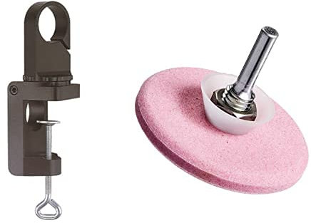 Wolfcraft 4802000 - Soporte Para Taladros De Plástico Para Taladro Ø 43 Mm, Reversible + 2140000 - Muela Para Afilar, Cuchillos Y Tijeras Portaútil 6 Mm Ø 60 Mm