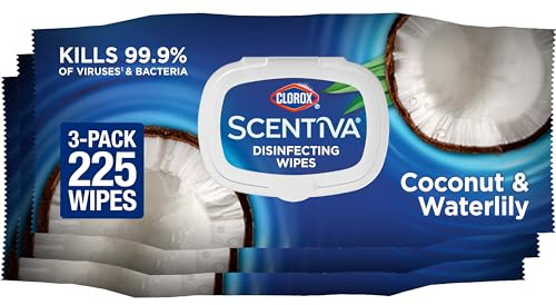 Clorox Scentiva Disinfecting Wipes, Coconut and Waterlily, 75 Count, Pack of 3 (Package May Vary)