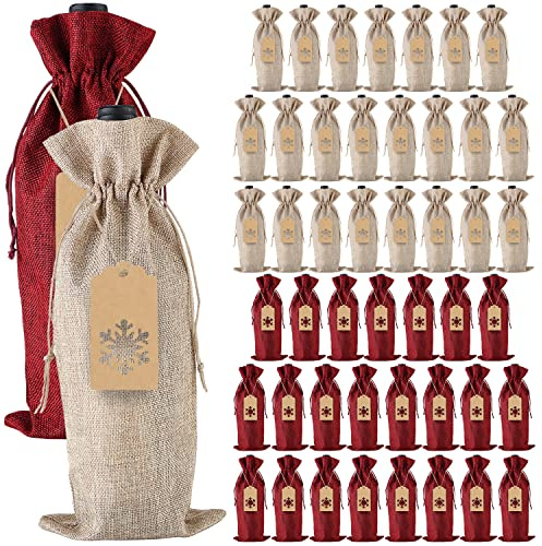 PIXHOTUL 48 Stück Jute-Geschenktüten mit Kordelzug für Weinflaschen, mit Anhänger und Seilen für Weihnachten, Hochzeit, Reisen, Geburtstag, Urlaubsparty