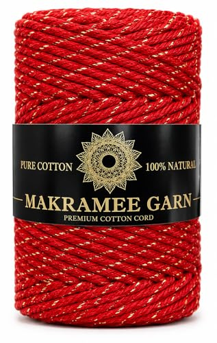 Makramee Garn. Baumwollgarn Kordel. 100% Natur Baumwoll-Kordel. Gold- oder Silberfaden. Perfekt für Basteln, DIY, Handwerk & Stricken. 100% Natur Baumwollgarn, Dicke Macrame (Rot Gold, 60m/2mm)