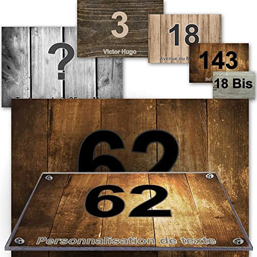 Plaque Lexan numéro et adresse maison décorative - pour rue, garage, porte, et boite aux lettres - collection bois : 2 lignes personnalisables
