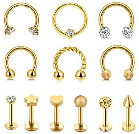 PiercingJak 12 piercings de oro para labios, labios, nariz, septum, rizador de caballo, piercing Hélix de acero inoxidable con brillantes dorados, Acero inoxidable Circonia cúbica, circonita