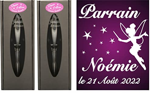 Lot : 1 Flûte Parrain + 1 Marraine (ou 2 Parrain ou 2 Marraines au Choix) - Flûtes à Champagne Gravées Modèle Fée avec 2 Boîtes Cadeaux - Baptême - Cadeau Personnalisé