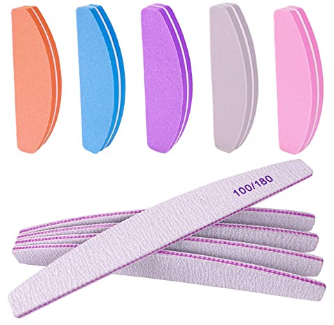 Lot de 10 limes à ongles et polissoirs double face Grain 100/180 pour ongles acryliques et naturels - Bloc de polissage pour ongles en émeri - Kit de manucure - Kit de soins des ongles - Arc demi-lune
