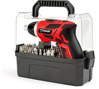 CASALS - Taladro atornillador a batería de 3,6V y 230rpm | Taladro inalámbrico con maletín de 52 puntas | Mini taladro de 1.3Ah con luz led y cargador usb | 3.5h de Autonomía