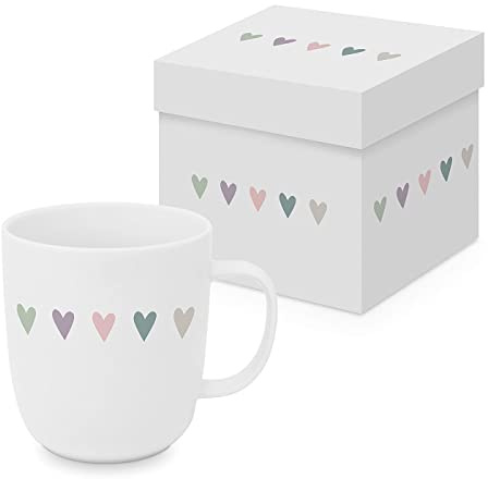 ReWu Becher Tasse aus Porzellan Herzchen Weiß Bunt Geschenkverpackung Geschenkidee Henkelbecher Kaffebecher Trinkbecher Mug Geschirr 0,4L