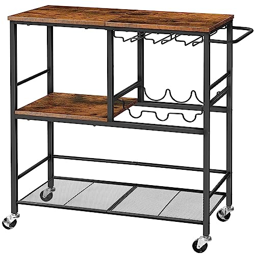 HOOBRO Bar Cart for The Home, 29.5 inches 3-Tier Serving Cart with Wheels, Rolling Kitchen Cart with Wine Rack and Glass Holder for Living Room, Party, Bar, Rustic Brown and Black BF21TC01G1
