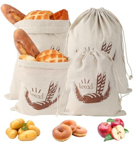 Aubess Confezione da 4 Sacchetti per il Pane in Lino, Sacchetti per il Pane con Cordoncino, Sacchetti per il Pane Conservati Freschi, 25x30 cm/30x38 cm Sacchetti in Lino, Sacchetti in Lino Riutilizza