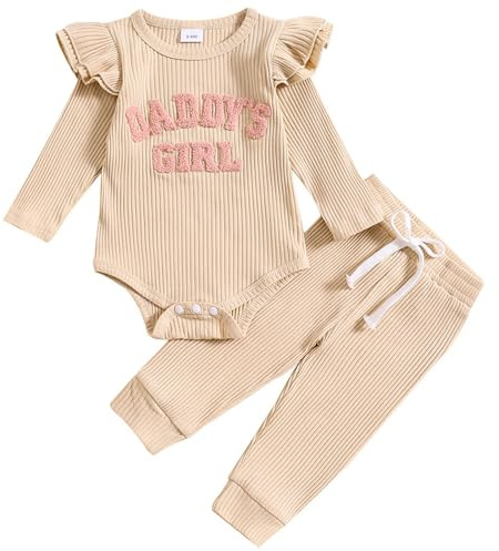 JiAmy kläder för nyfödd baby flicka med volanger långärmad spets sparkdräkt pappa flicka bodysuit och långa byxor, 2 delar, kläder för 0–18 månader, Beige, 6-9 månader