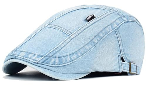 WOYUANSHA Barett Baskenmützen Für Herren Große Denim-Baskenmütze Ausgewaschen Distressed-Schirmmütze Verstellbare Zeitungsjungenmütze Aus Baumwolle Vintage-Hüte Flache Kappe 59–62 cm Himmelblau