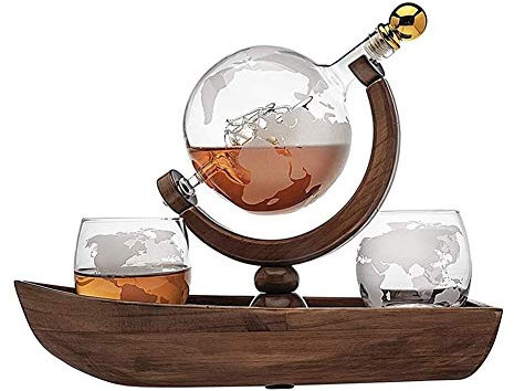Flaschenregal, Weinregal, Weinglashalter, Whiskey-Dekanter, Schiffs-Globus-Set mit 2 World-Whisky-Gläsern, schöne handgefertigte Weinflasche, Freundschaftsboot für Likör, Scotch, Bourbon, Wodka, 85
