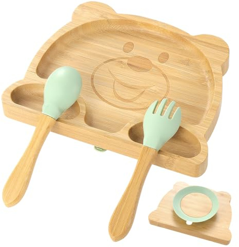 Coptiner Kinder und Kleinkinder Bambus Teller,Rutschfester Babyteller,Baby Saugnapfplatte,Baby Geschirr Set,Saug-Fütter-Teller,Kindergeschirr-Set für Babys ab 3 MonatenRutschfest,4er-Set (Bär)