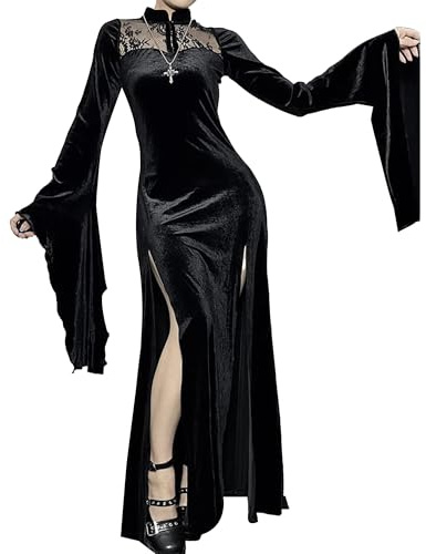 YAOBAOLE Costume di Halloween, da donna, sexy, in velluto, per Halloween, carnevale, vampiro, medievale, costume da strega gotica, cosplay, nero, XS-2XL, Nero , S