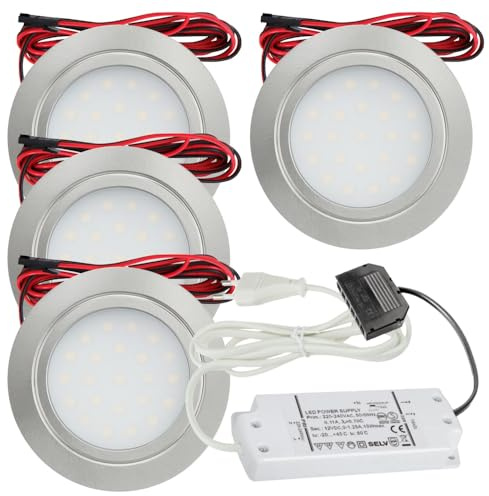 Lichtfaktor24 4er Set LED Möbel Einbaustrahler 12V ultra flach 2.4W Einbauleuchten Mila 160lm mit LED Trafo und 230V Zuleitung 3000K Warmweiß Lochausschnitt: 58 bis 60mm Silber Plug and Play Spots