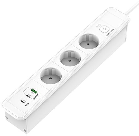 Versenkbare Steckdose mit USB, 3 Fach Einbausteckdose mit 3 USB, Tischplatte Versenkte Steckdose mit 2 USB C, Einbau Steckdosenleiste mit 1.8M Kabel für Arbeitsplatte Möbel, Weiß