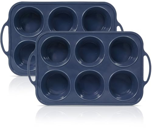 Vnray 2 Pack Jumbo Silicone Muffin Pan with Metal Frame, Non Stick Silicone Cupcake Pan with Handles 6 Cup, BPA Free Silicon Muffin Tin Tray Extra Large for baking, egg bites, Cupcake Mold Grey