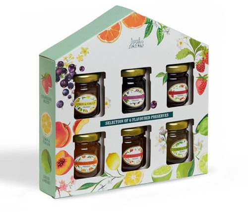 Fizporium Meadow Cottage Flavoured Preserves Gift Set | 6 Mini Jars in Unique Flavours – Strawberry, Lemon Ginger, Blackcurrant & Raspberry | Perfect Foodie Gift for Christmas, Birthdays