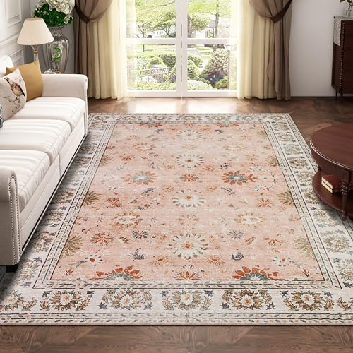 Xfrog Machine Washable Rug Vintage Area Rug for Living Room Non-Slip Traditional Rug Carpet for Office Kitchen Dining Blush 120x170CM