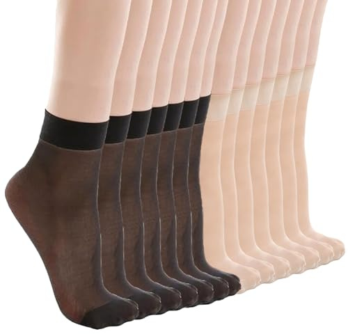 KEYRI 14 Paia Calze di Nylon Donna Trasparenti, Traspiranti, Corte, Gambaletti (Nero, Nudo)