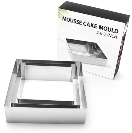 HISECOO Square Cake Mold (3 Pieces/Set), Stainless Steel5 to 7 Inch Dessert Cake Ring,Mousse Molds withCake Baking Supplies, Gift Package (Square)