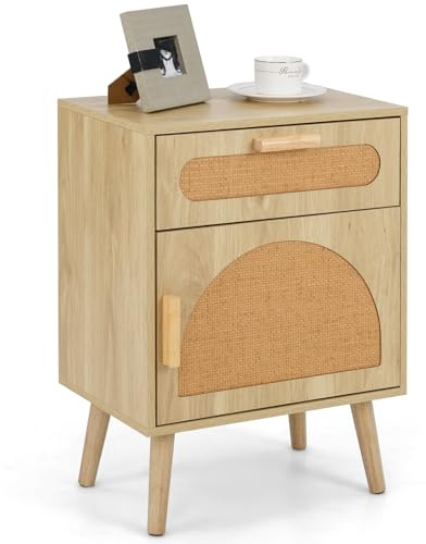 COSTWAY 1/2 Mesitas de Noche de Ratan, Cajón y Puerta, Mesillas de Noche Bohemio con Patas de Madera Maciza, Mesa Auxiliar Dormitorio Salon Sofa, 45 x 30 x 61 cm, Natural (1)