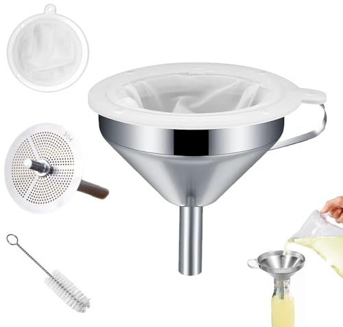 Entonnoirs de cuisine en acier inoxydable de 13 cm avec poignée, 200 mailles amovibles et filtre en acier inoxydable, brosse de nettoyage pour filtre liquide, huiles, poudre, jus, confiture