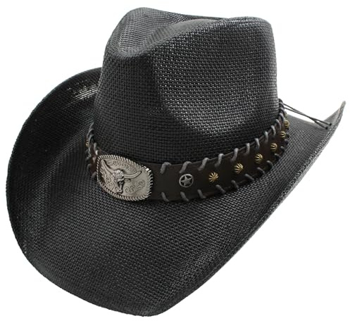 Sombrero Vaquero de Paja Fuerte Diseño Estampado Americano, Gorro Vaquero Cowboy Western del Oeste, Disfraz Carnaval Halloween Hombre Mujer Talla Única 58-59cm (Negro, 60 CM)