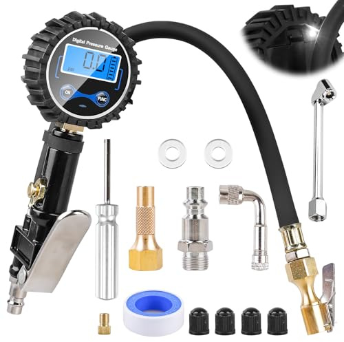 Digitaler Reifenfüller, Luftdruckprüfer Reifenfüller Set mit LED-Beleuchtung, Reifenfülle r Digital mit Manometer, (bar, psi, kPa, kgf/cm²), Reifenfüll Messgerät für Fahrzeug Motorrad Autos