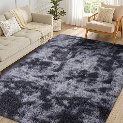 smiry Rugs Living Room 60x100cm, Area Rugs for Bedroom, Machine Washable Anti Slip Soft Fluffy Shaggy Tie-dye Floor Carpet for Kids Girls and Boys, Nursery Room, Light Grey